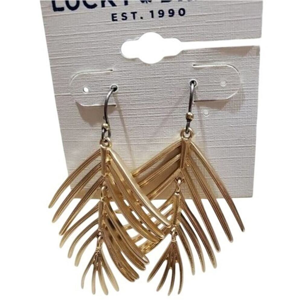 Lucky Brand Gold Tone Palm Frond Drop Earrings Tropical Leaf Dangle NWT